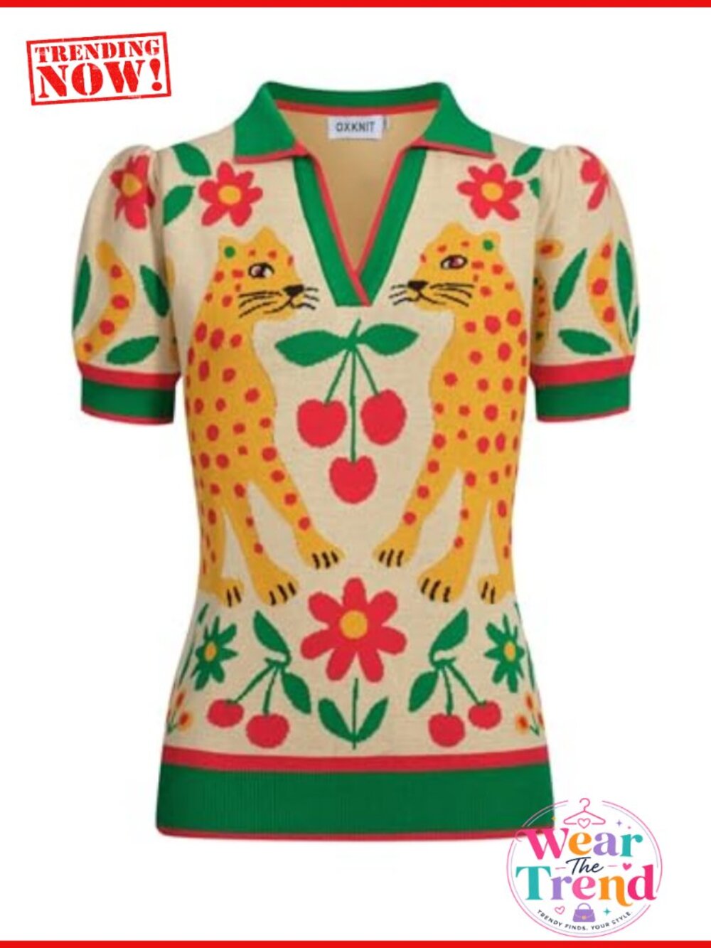 Retro Leopard Knit Polo Shirt Short Sleeve V-Neck Cotton Pullover Top